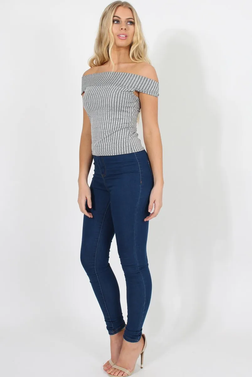Dark Grey Cold Shoulder Ribbed Top - Elsa