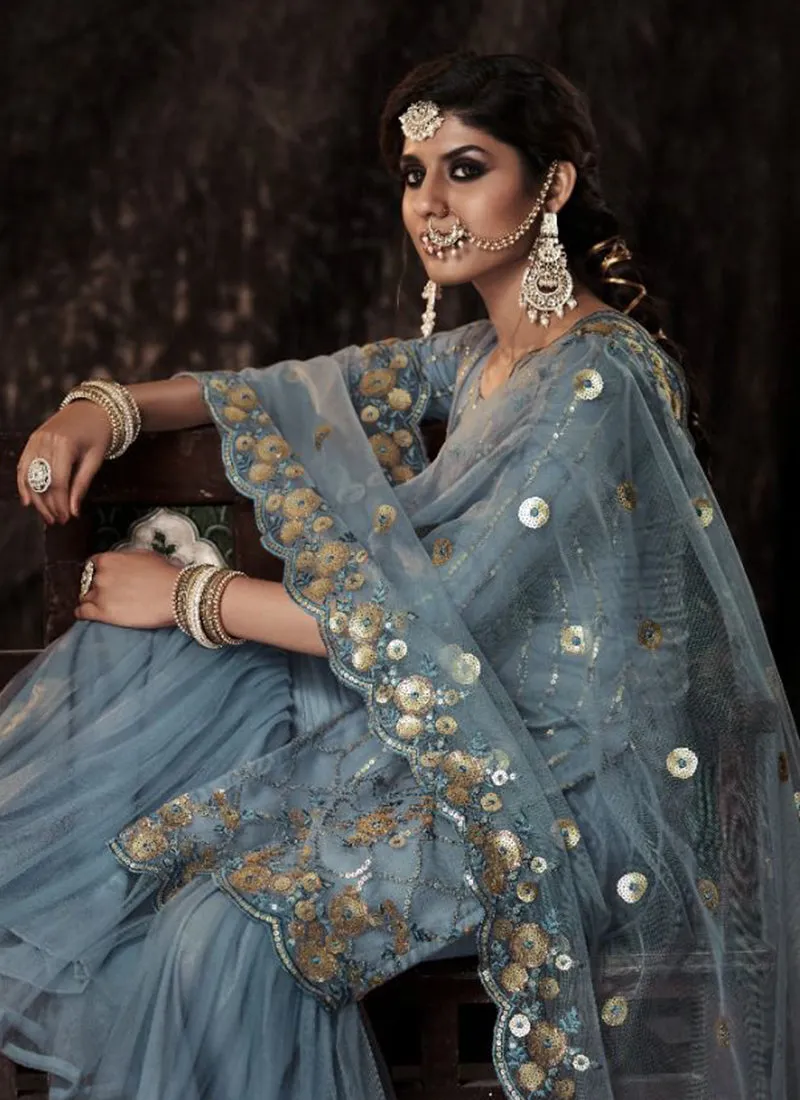 Deep Grey Sequence Embroidered Sharara Suit