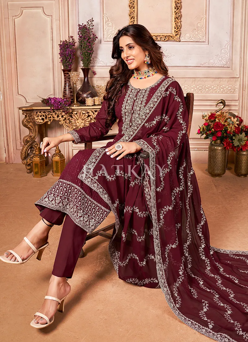 Deep Red Embroidered Ethnic Georgette Salwar Kameez