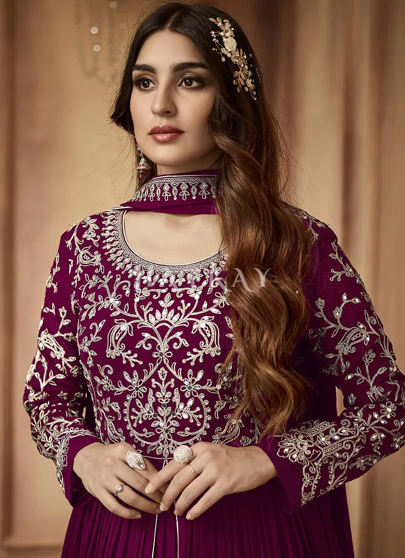 Deep Wine Embroidered Slit Style Anarkali Lehenga Suit