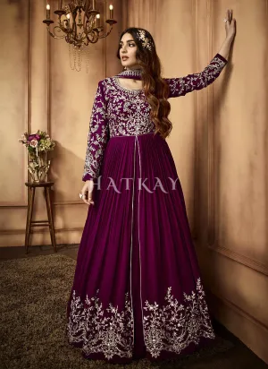 Deep Wine Embroidered Slit Style Anarkali Lehenga Suit