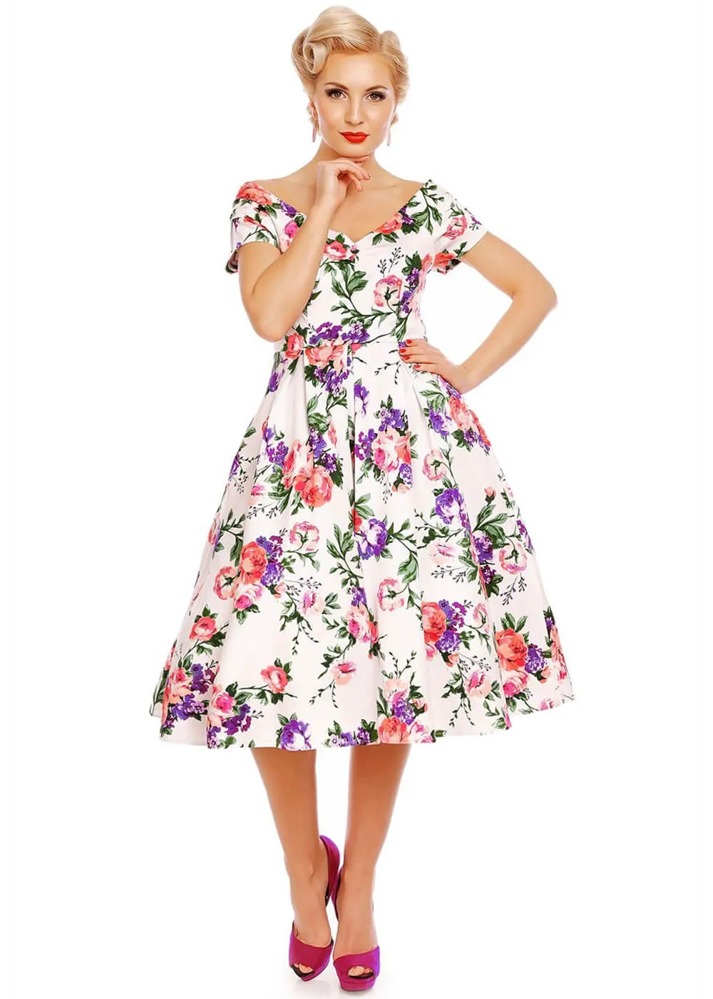 Dolly & Dotty Lily Floral 50's Swing Dress White