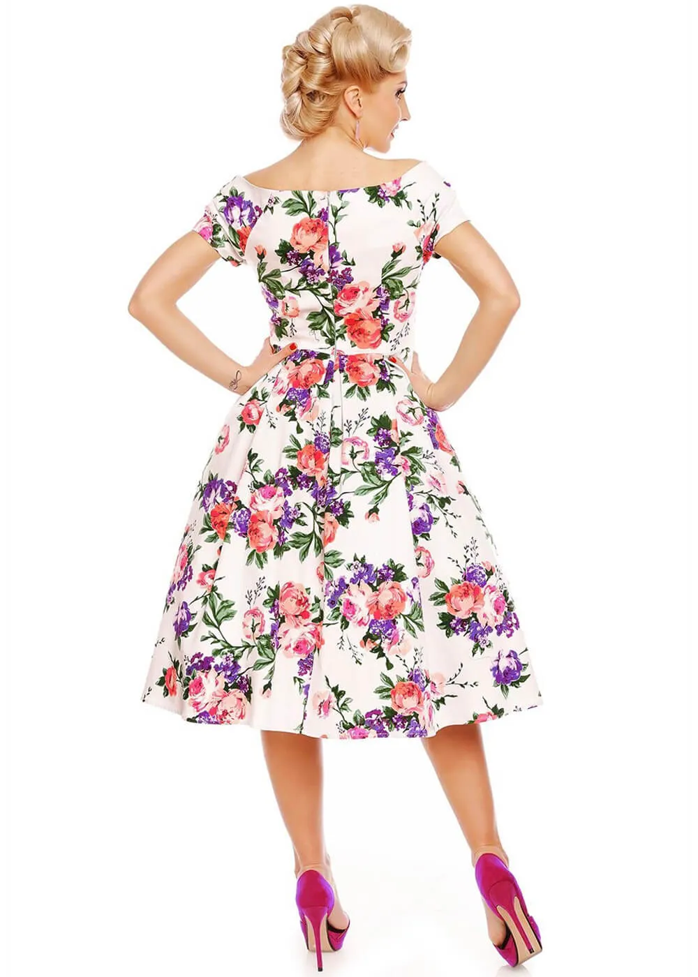 Dolly & Dotty Lily Floral 50's Swing Dress White