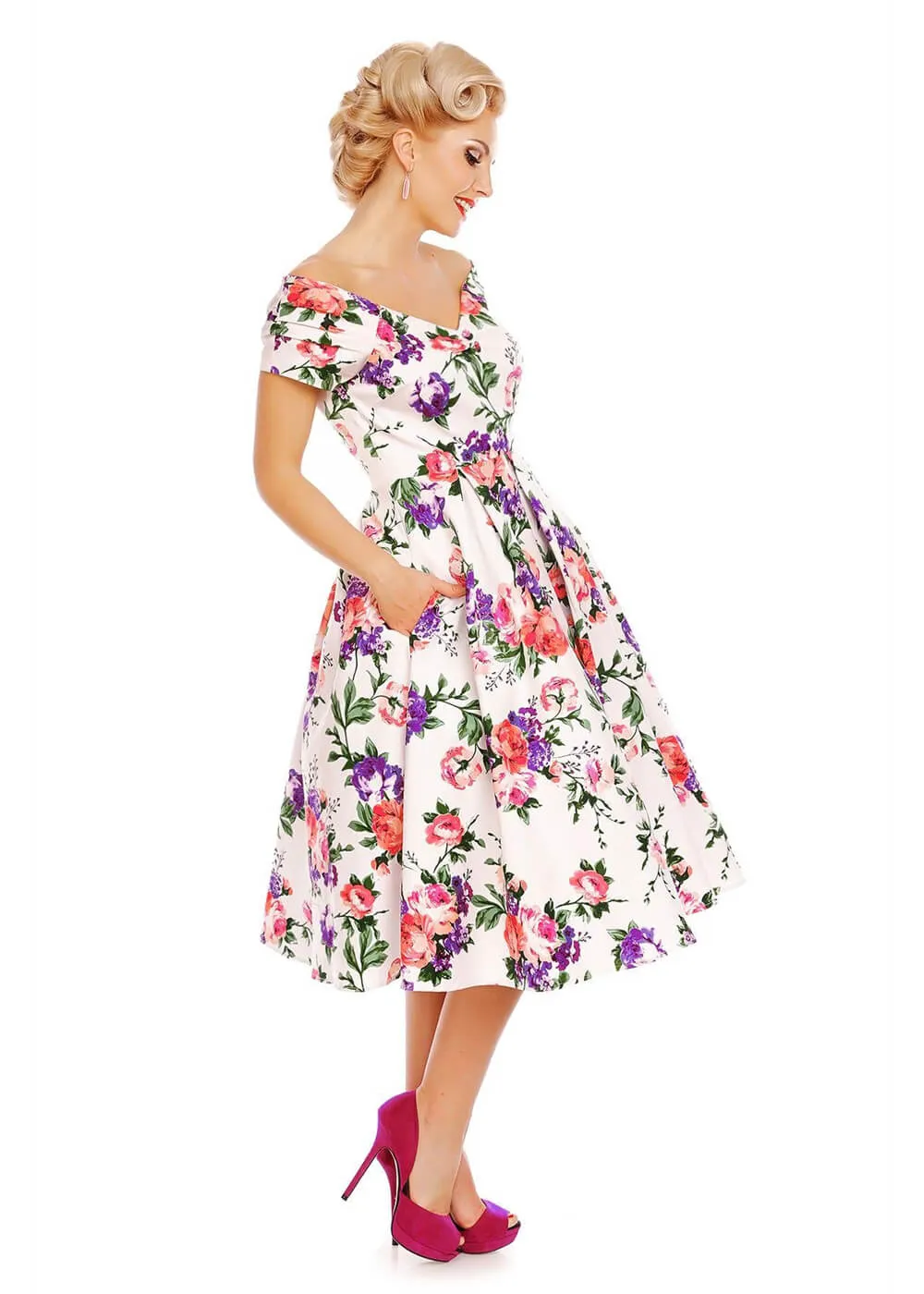 Dolly & Dotty Lily Floral 50's Swing Dress White