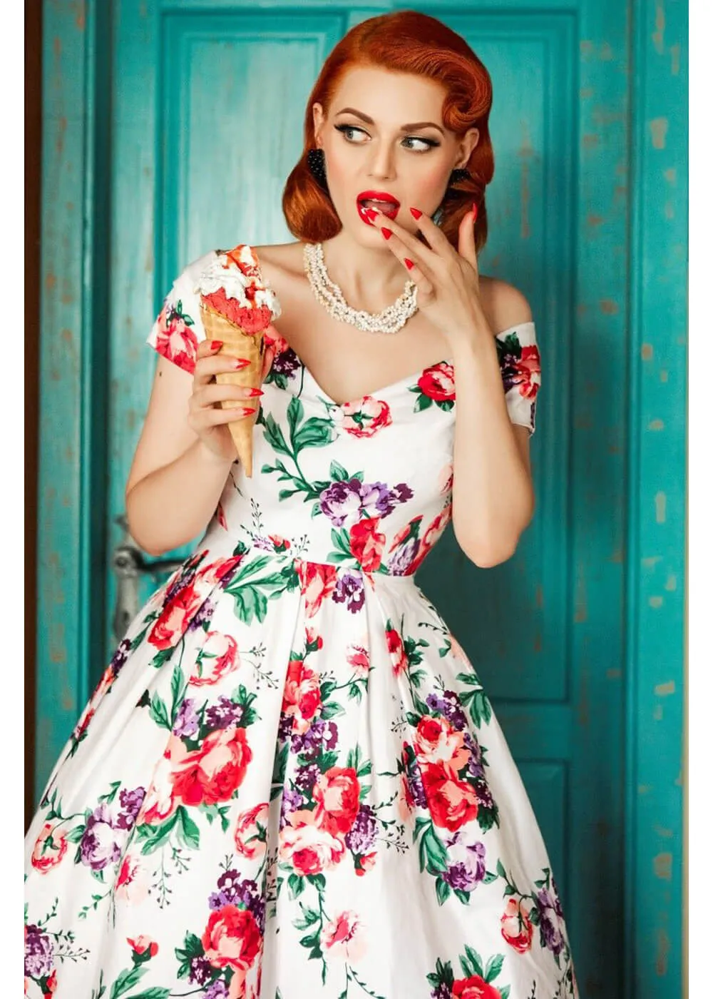 Dolly & Dotty Lily Floral 50's Swing Dress White