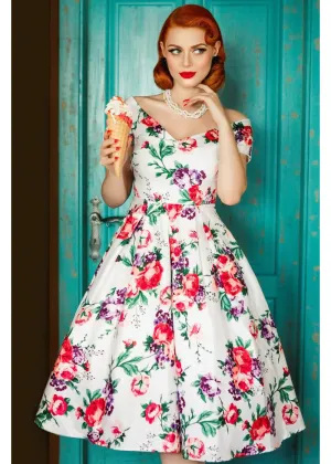 Dolly & Dotty Lily Floral 50's Swing Dress White