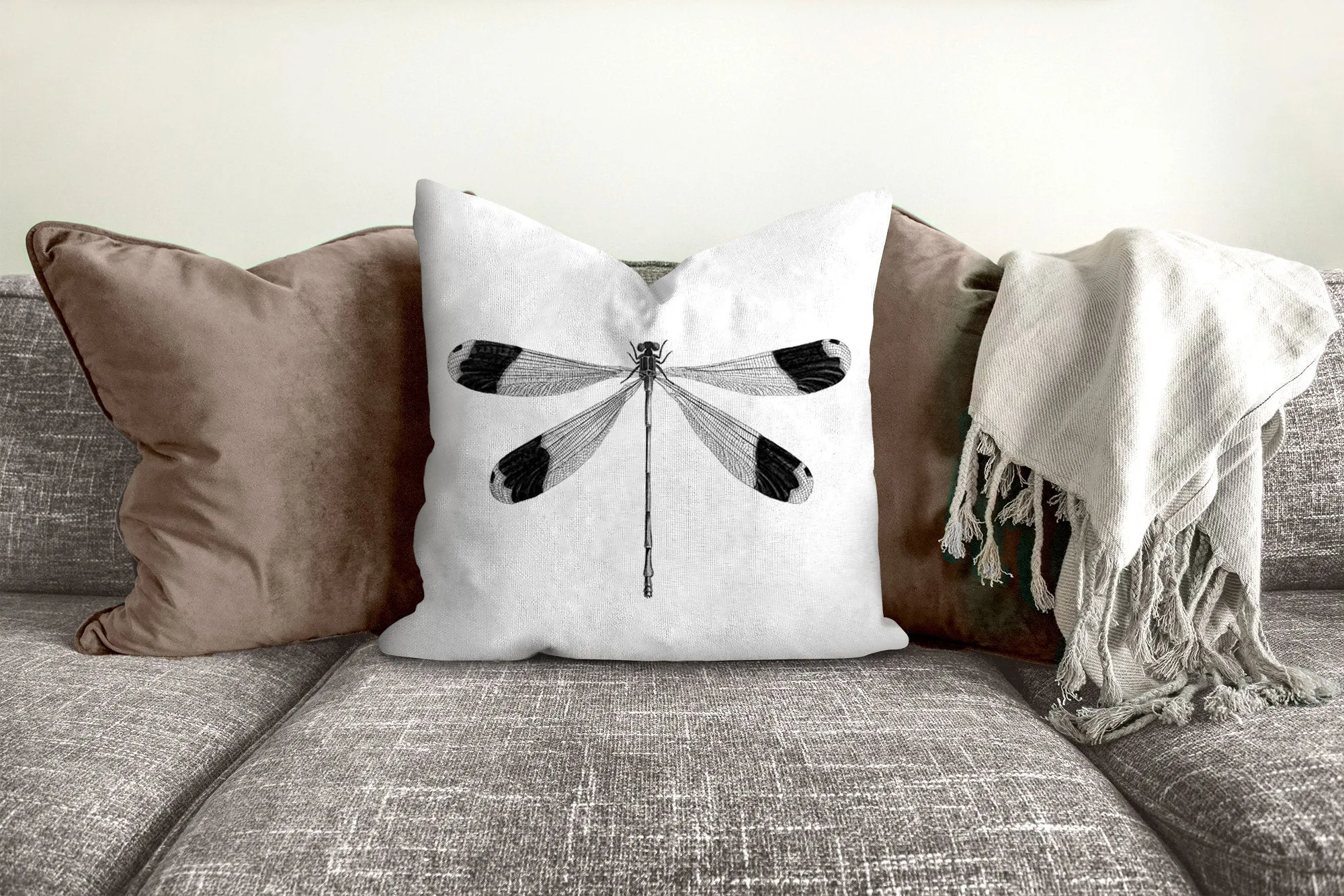 Dragonfly pillow, black and white, insect art, botanical, natural decor, farmhouse, pillow cover, decorative pillow, pillow case
