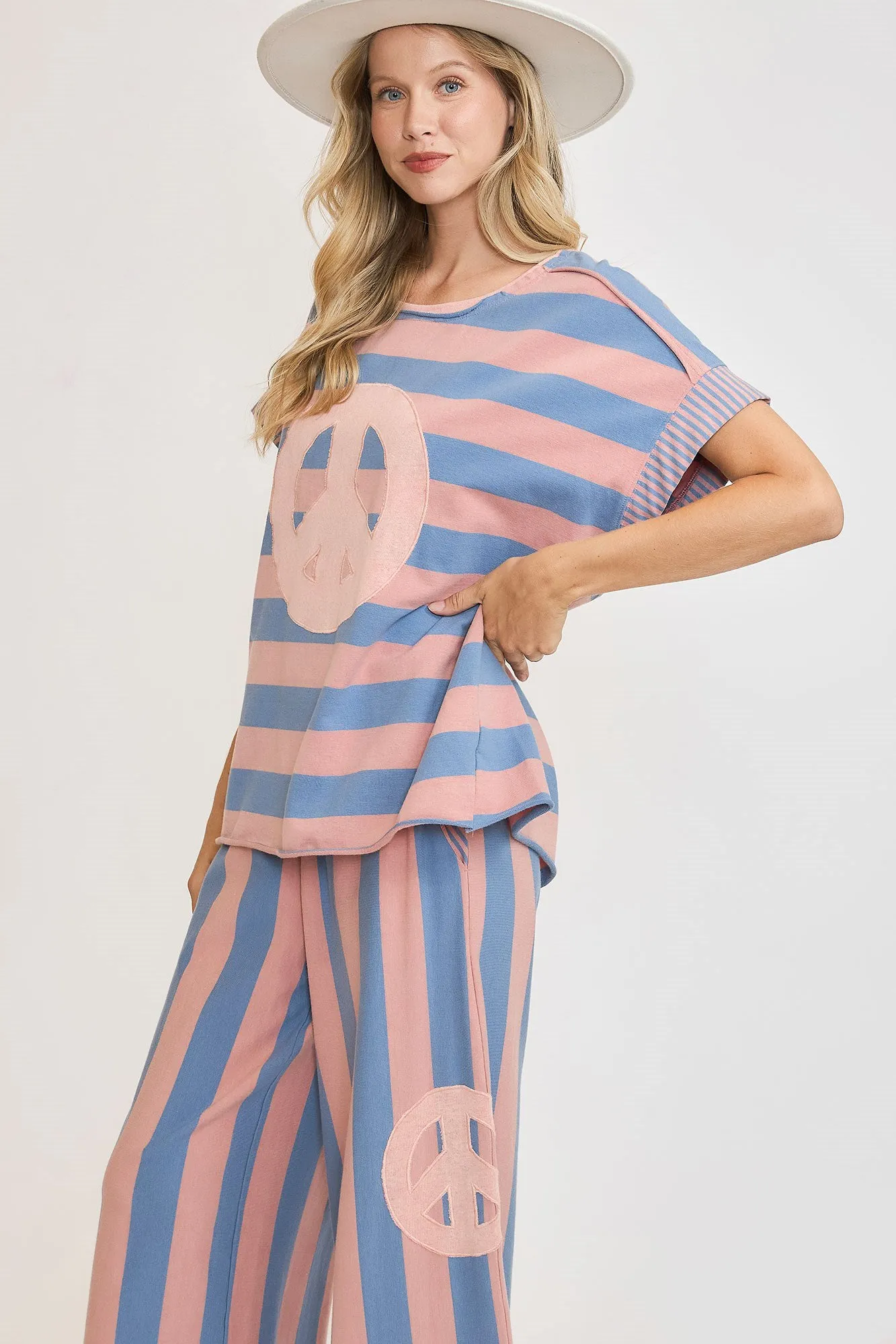 Dusty Blue Peace Sign Patch Striped French Terry T-Shirt