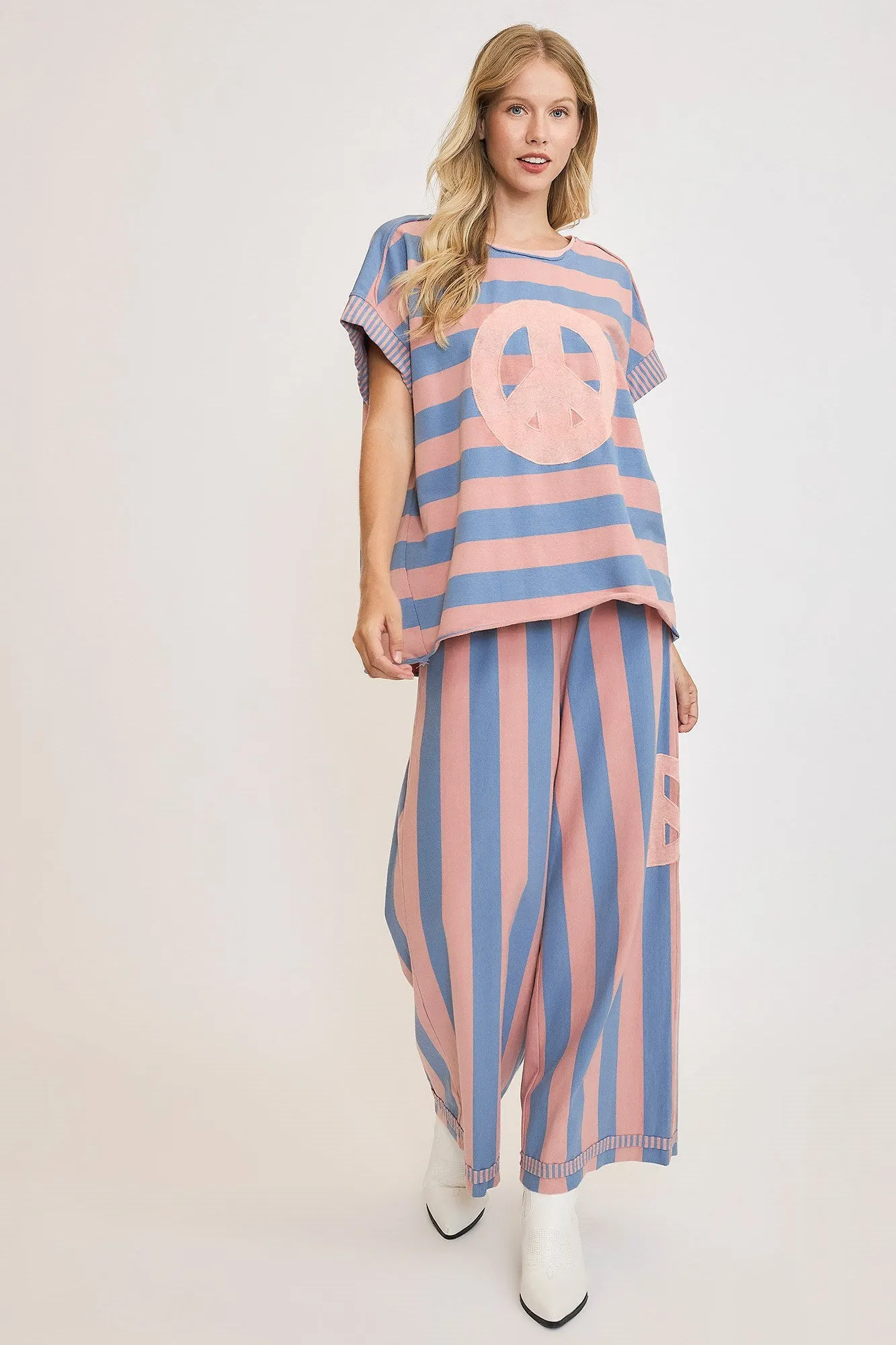 Dusty Blue Peace Sign Patch Striped French Terry T-Shirt
