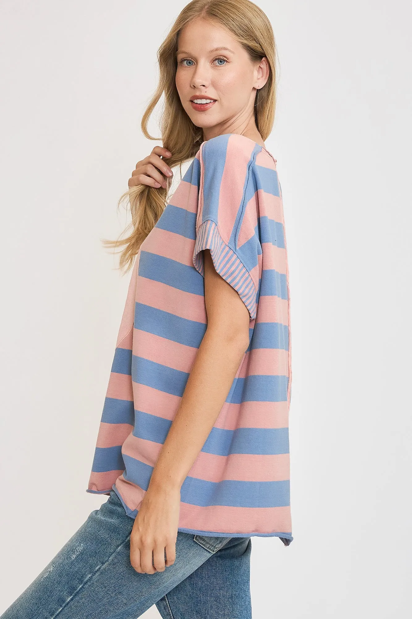 Dusty Blue Peace Sign Patch Striped French Terry T-Shirt