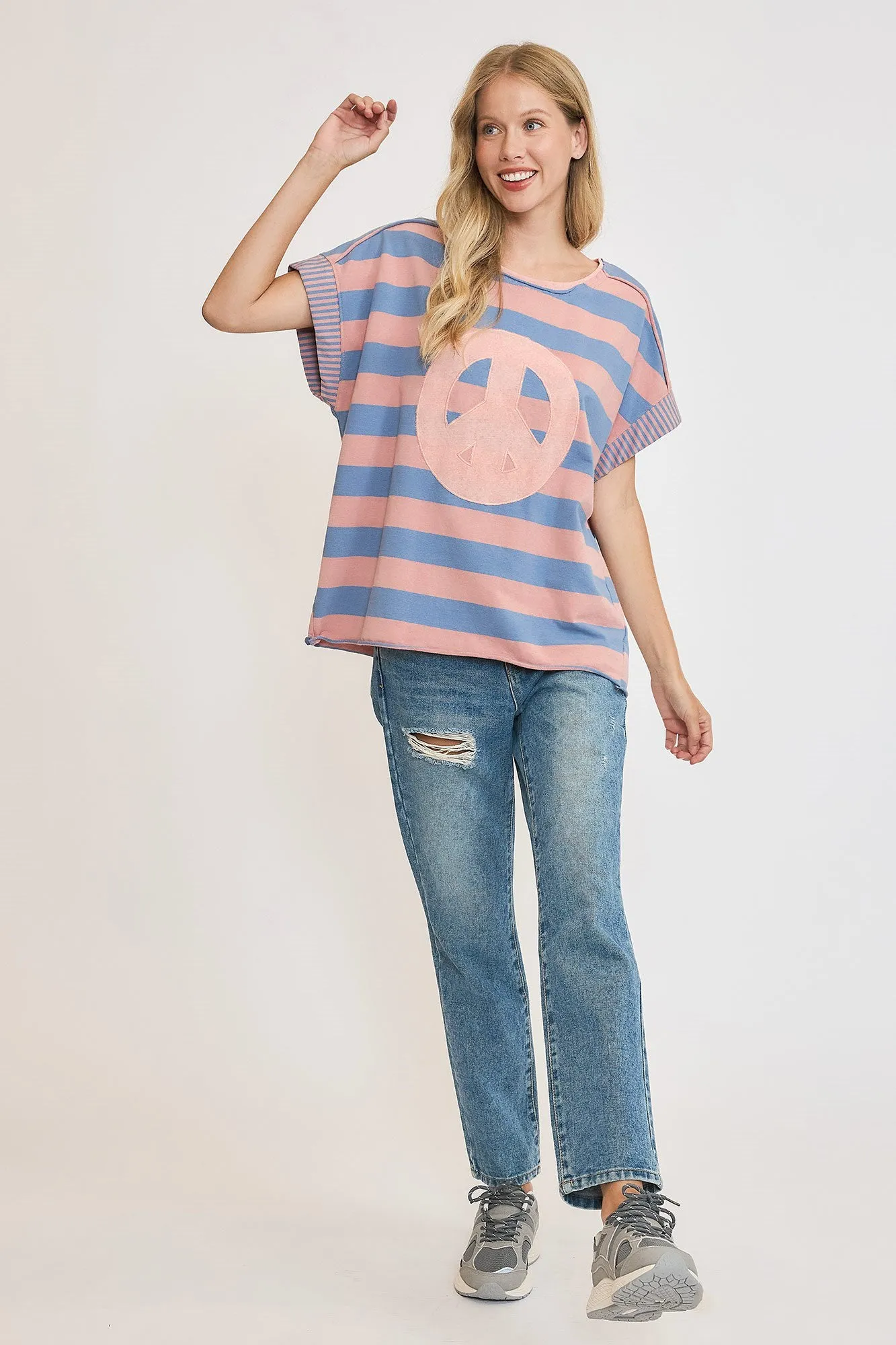 Dusty Blue Peace Sign Patch Striped French Terry T-Shirt