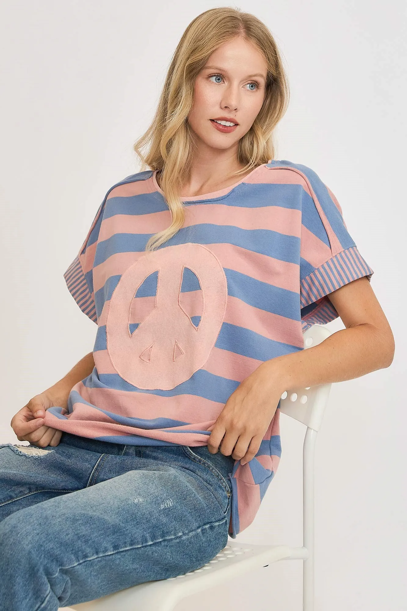 Dusty Blue Peace Sign Patch Striped French Terry T-Shirt