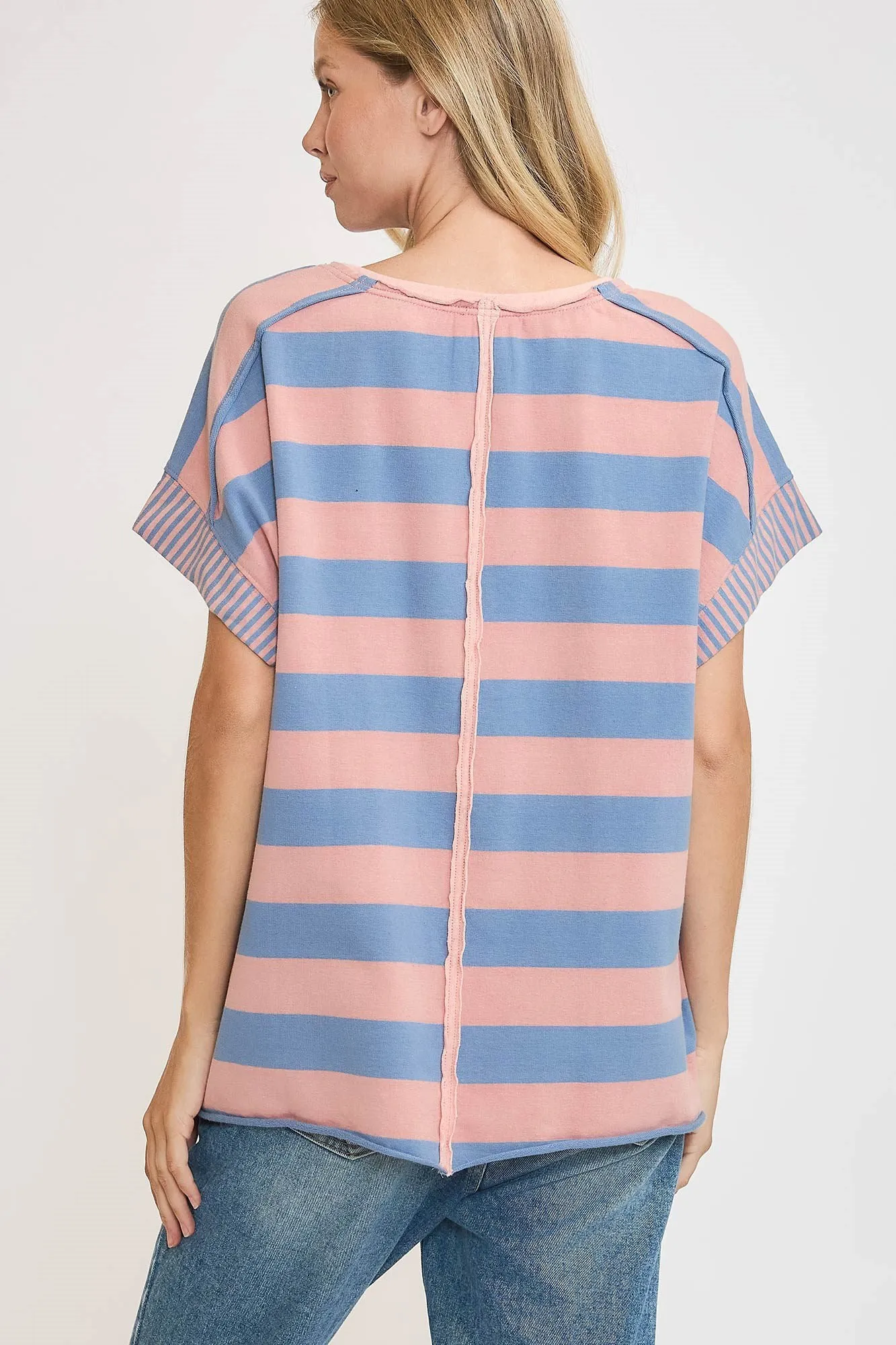 Dusty Blue Peace Sign Patch Striped French Terry T-Shirt