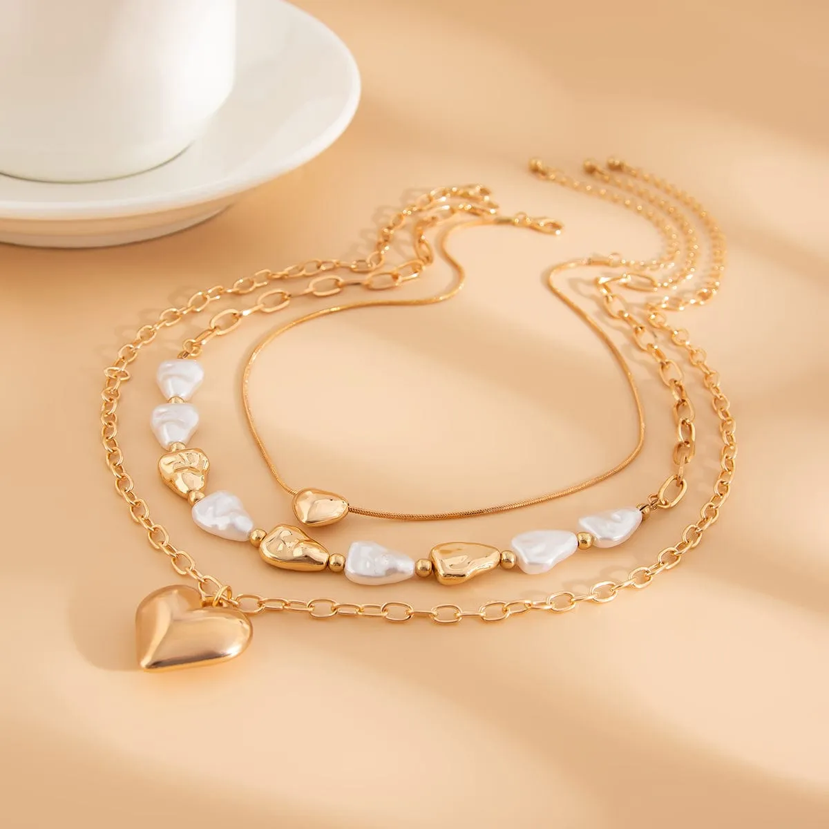 Elegant 3pcs Gold Silver Plated Heart Pendant Pearl Necklace Set