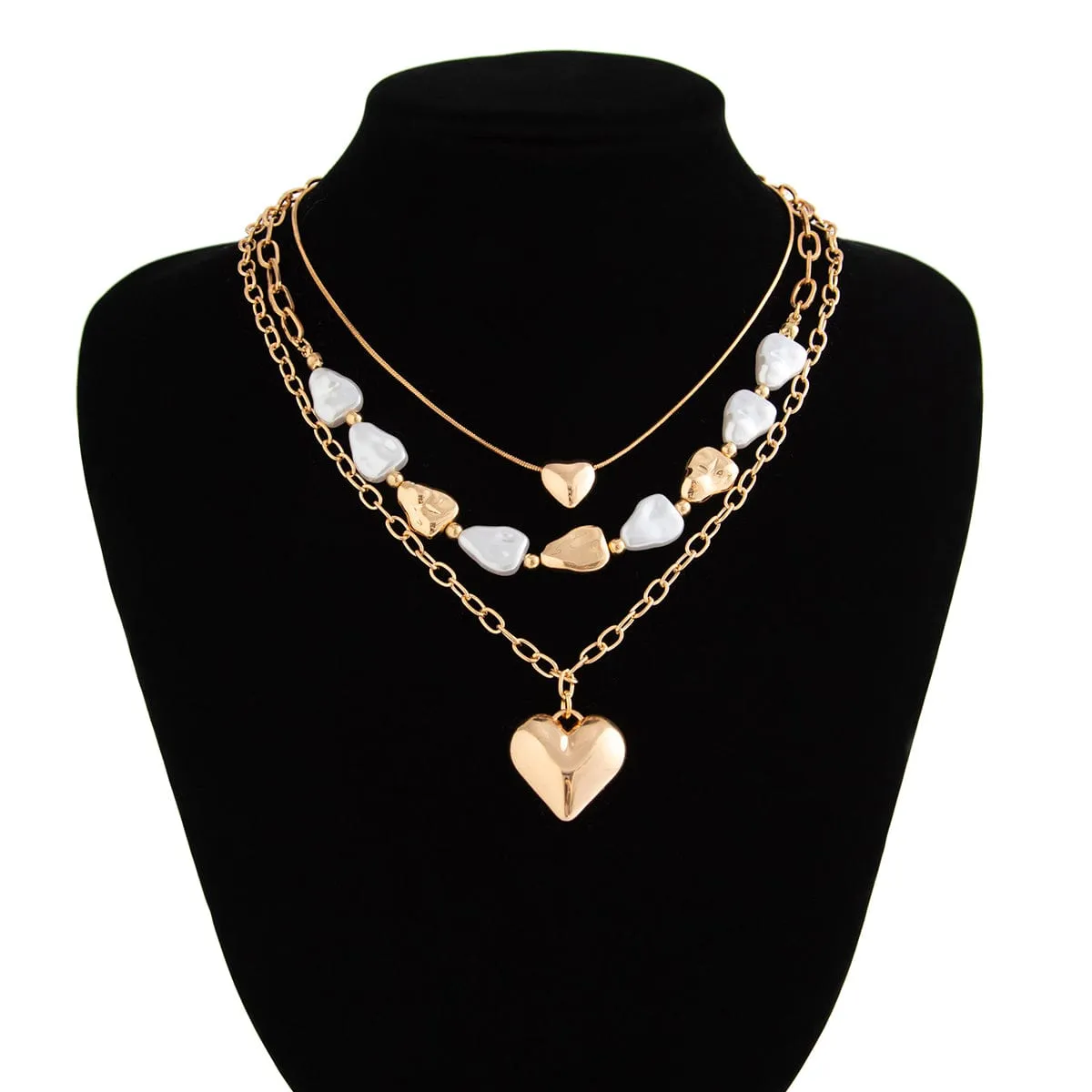 Elegant 3pcs Gold Silver Plated Heart Pendant Pearl Necklace Set