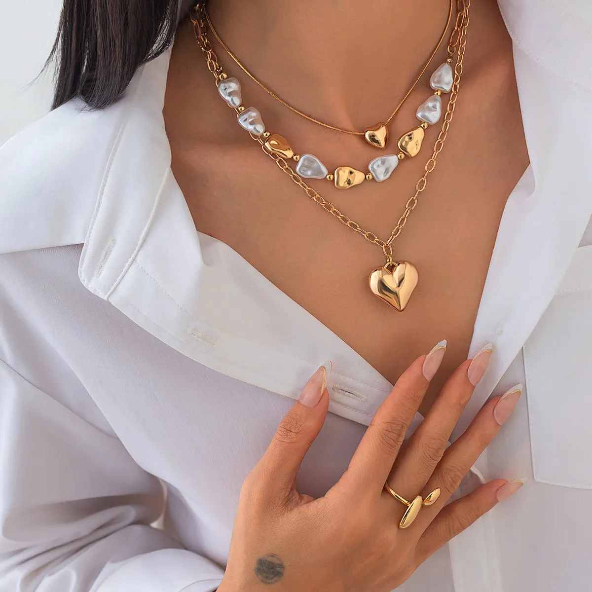 Elegant 3pcs Gold Silver Plated Heart Pendant Pearl Necklace Set