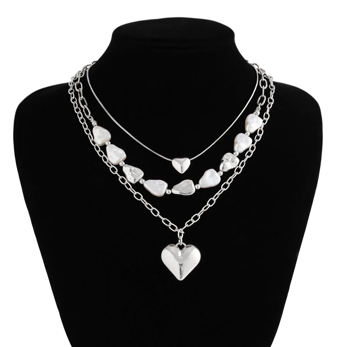 Elegant 3pcs Gold Silver Plated Heart Pendant Pearl Necklace Set