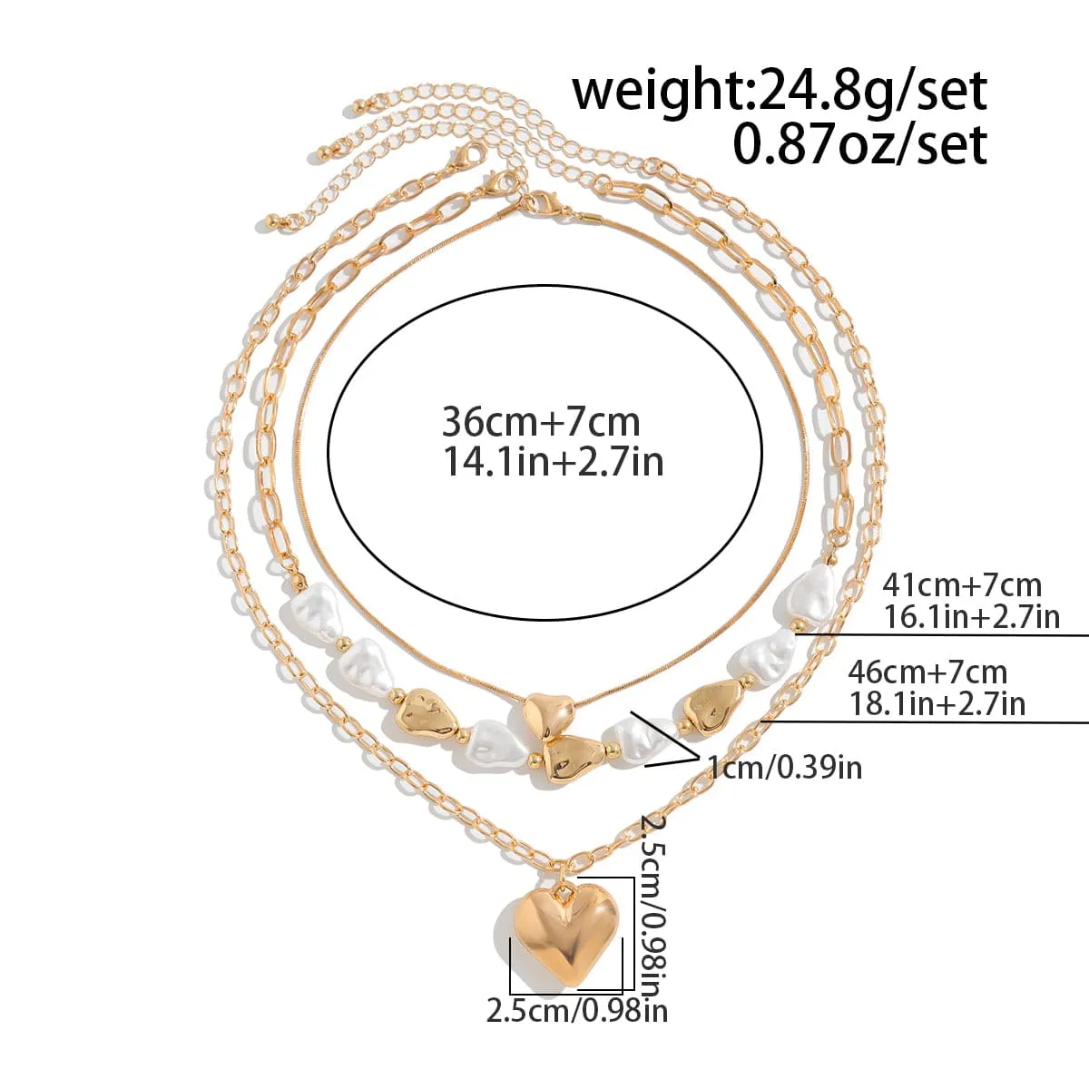 Elegant 3pcs Gold Silver Plated Heart Pendant Pearl Necklace Set