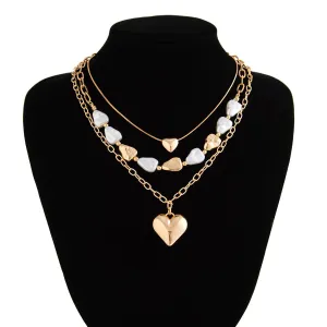 Elegant 3pcs Gold Silver Plated Heart Pendant Pearl Necklace Set