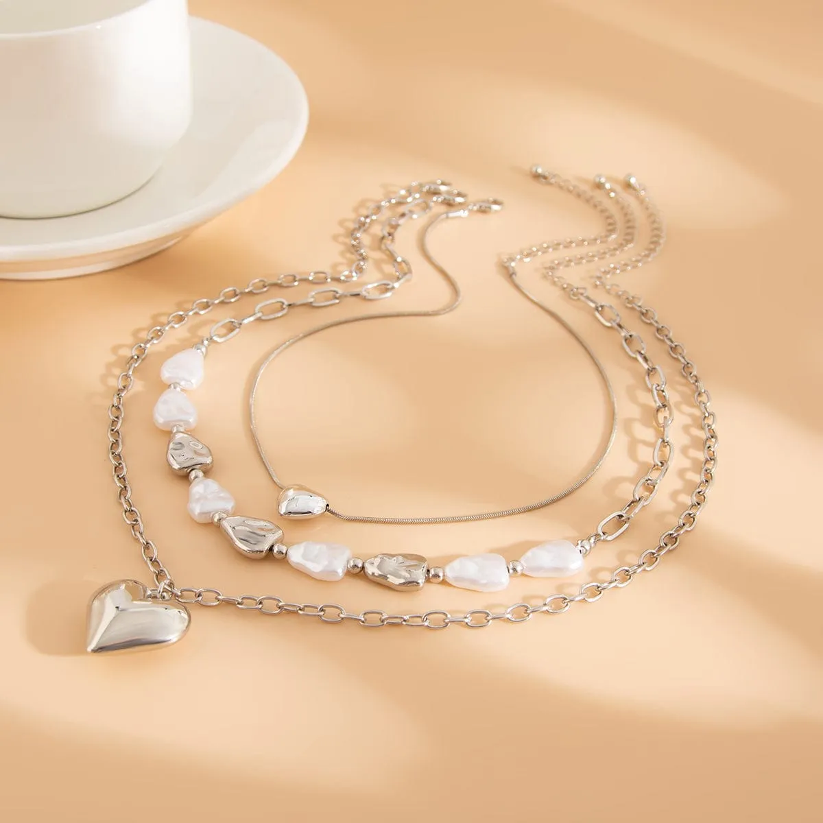 Elegant 3pcs Gold Silver Plated Heart Pendant Pearl Necklace Set