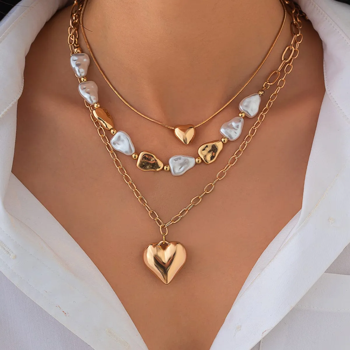 Elegant 3pcs Gold Silver Plated Heart Pendant Pearl Necklace Set