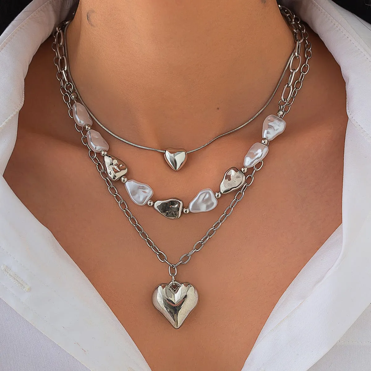 Elegant 3pcs Gold Silver Plated Heart Pendant Pearl Necklace Set