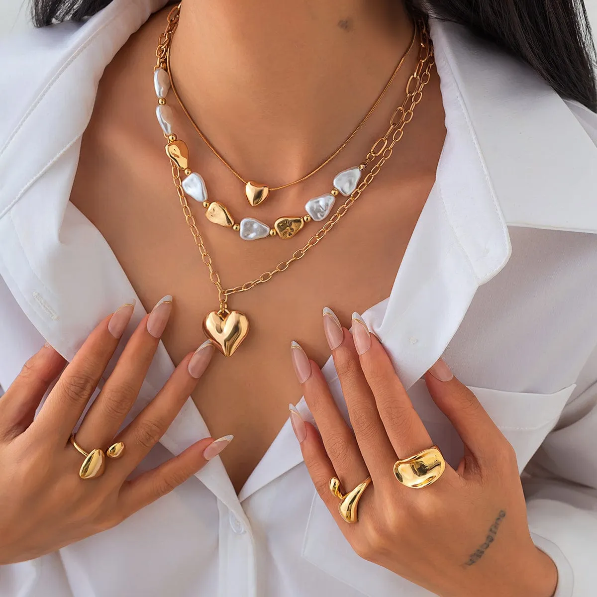 Elegant 3pcs Gold Silver Plated Heart Pendant Pearl Necklace Set