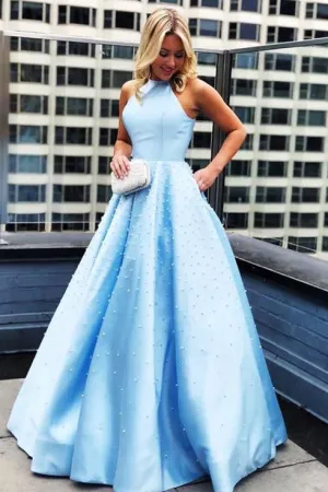 Elegant A Line Blue Satin High Neck Strapless Long Pearl Prom Dress Evening Dress OHC383