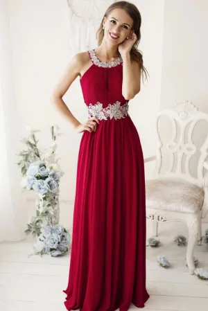 Elegant A line Sleeveless Long Burgundy Chiffon White Flower Lace Prom Dress Formal Dress OHC348