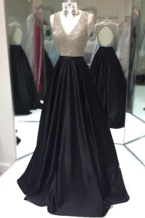 Elegant A-Line/Princess V Neck Sleeveless Open Back Beaded Long Satin Prom Dresses OHC267