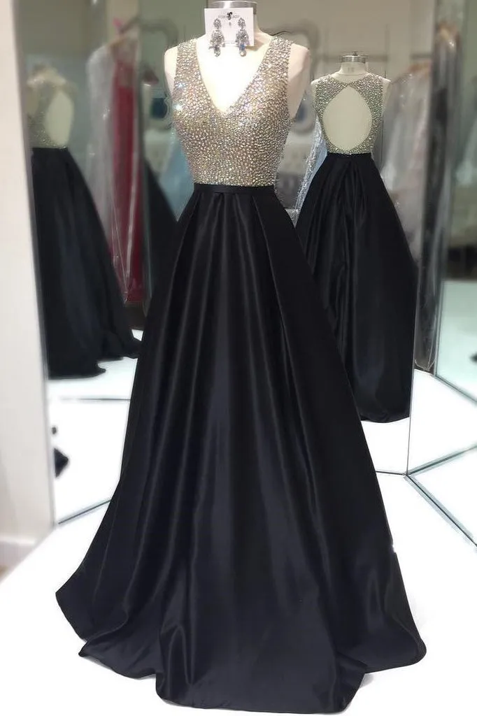Elegant A-Line/Princess V Neck Sleeveless Open Back Beaded Long Satin Prom Dresses OHC267