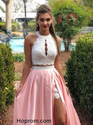 Elegant Lace Beaded Top Prom Dresses Two Piece Pink Evening Dresses