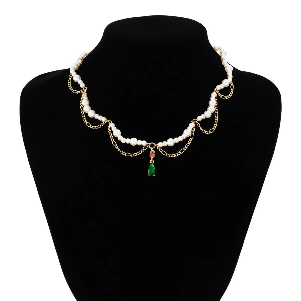 Elegant Layered Emerald Crystal Waterdrop Pendant Pearl Chain Necklace