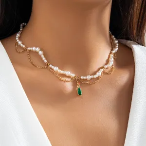 Elegant Layered Emerald Crystal Waterdrop Pendant Pearl Chain Necklace