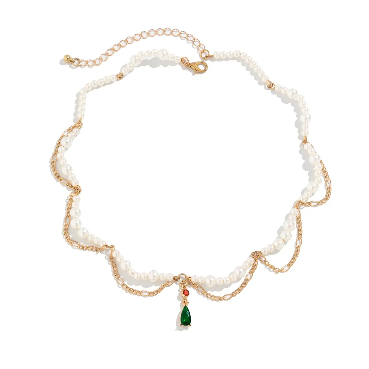 Elegant Layered Emerald Crystal Waterdrop Pendant Pearl Chain Necklace