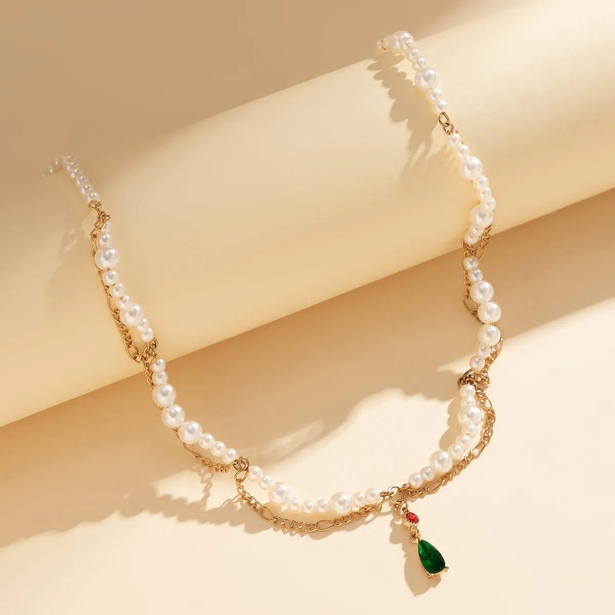 Elegant Layered Emerald Crystal Waterdrop Pendant Pearl Chain Necklace