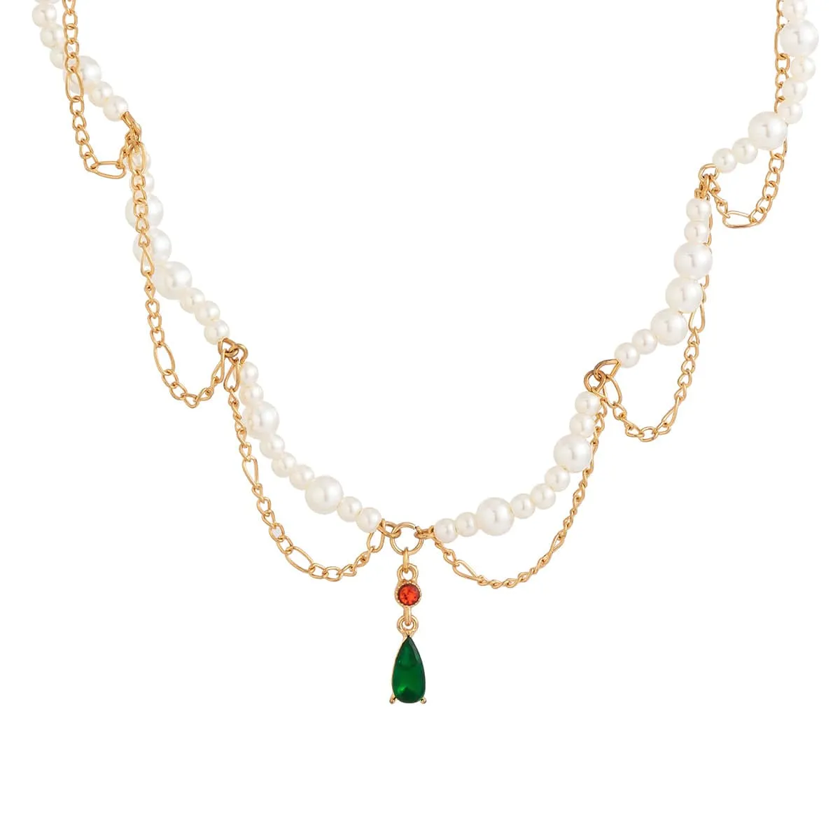 Elegant Layered Emerald Crystal Waterdrop Pendant Pearl Chain Necklace