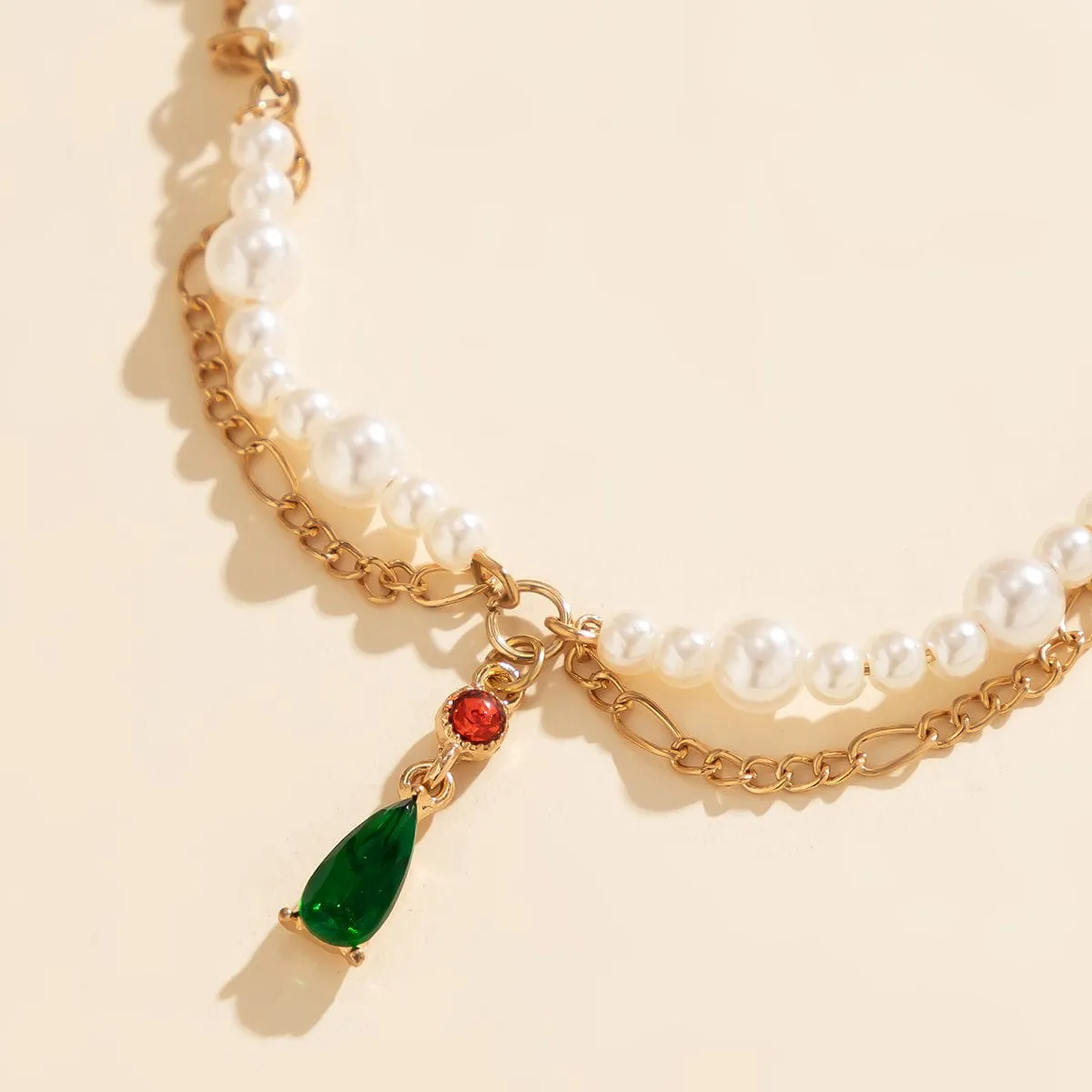 Elegant Layered Emerald Crystal Waterdrop Pendant Pearl Chain Necklace