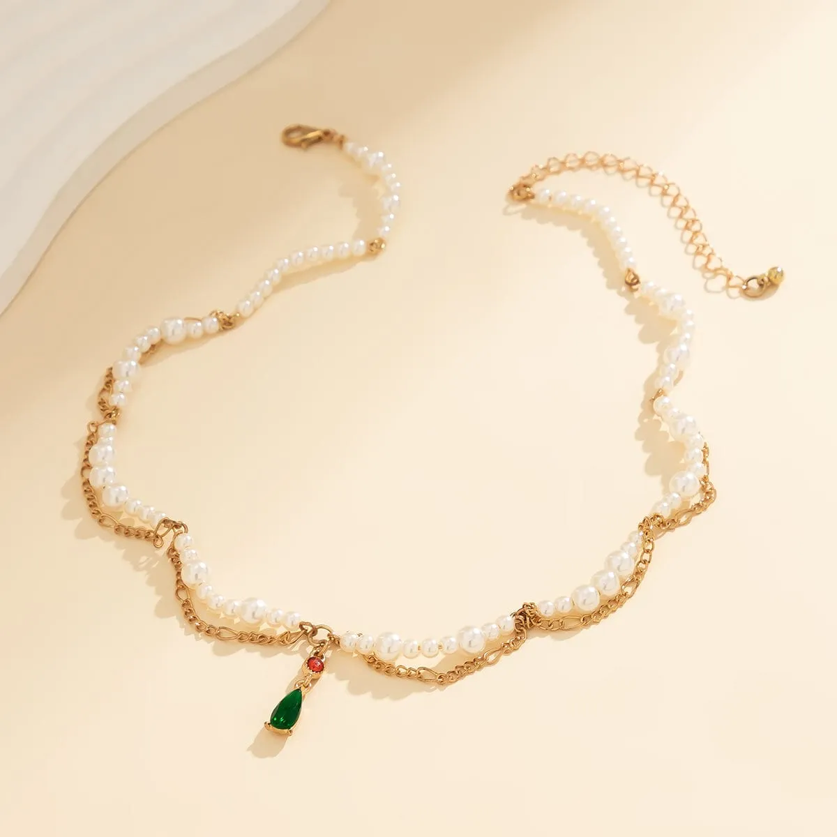 Elegant Layered Emerald Crystal Waterdrop Pendant Pearl Chain Necklace