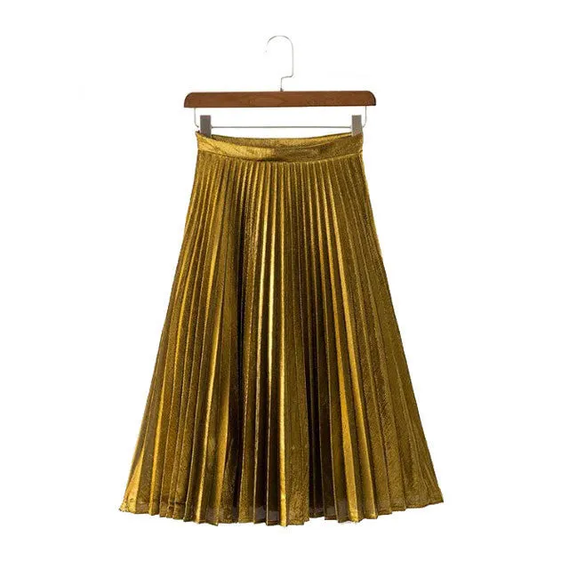 Elegant Long Pleated Skirt Metallic Color Stretch Large Swing Ladies Skirt Gold Sliver Purple Real Photo