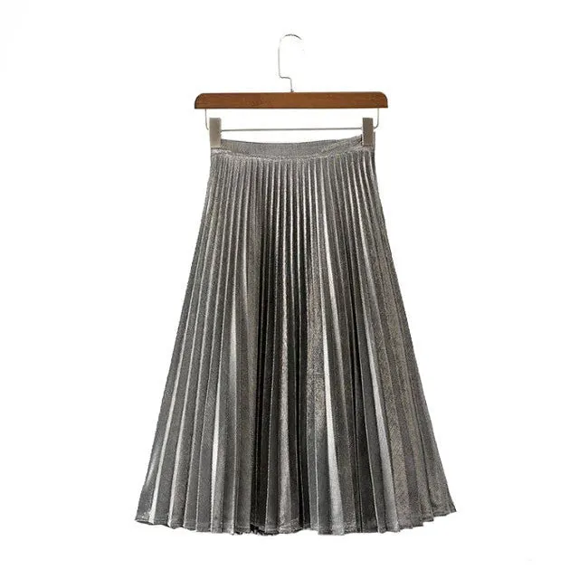 Elegant Long Pleated Skirt Metallic Color Stretch Large Swing Ladies Skirt Gold Sliver Purple Real Photo