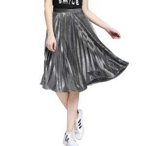 Elegant Long Pleated Skirt Metallic Color Stretch Large Swing Ladies Skirt Gold Sliver Purple Real Photo