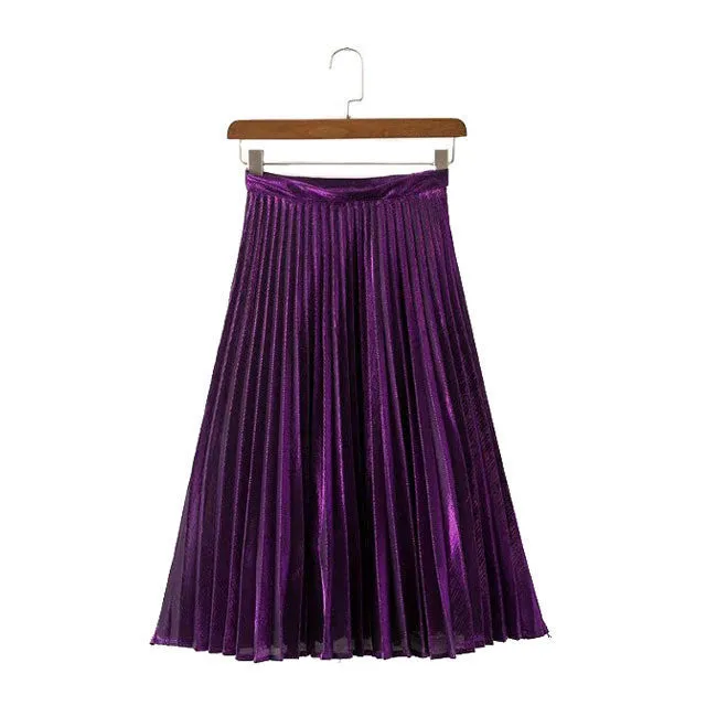 Elegant Long Pleated Skirt Metallic Color Stretch Large Swing Ladies Skirt Gold Sliver Purple Real Photo