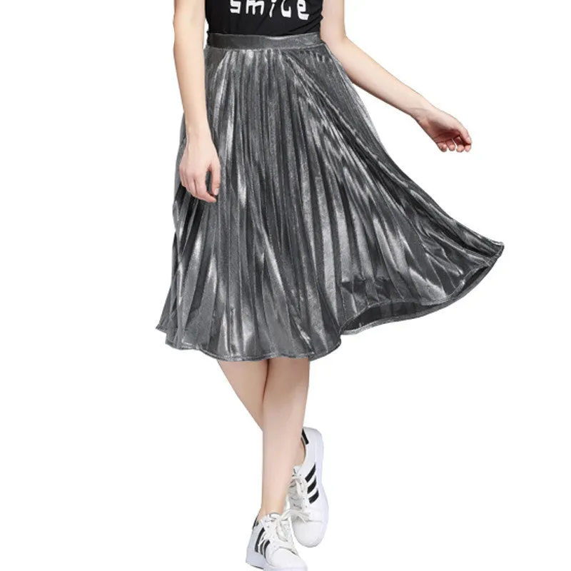 Elegant Long Pleated Skirt Metallic Color Stretch Large Swing Ladies Skirt Gold Sliver Purple Real Photo