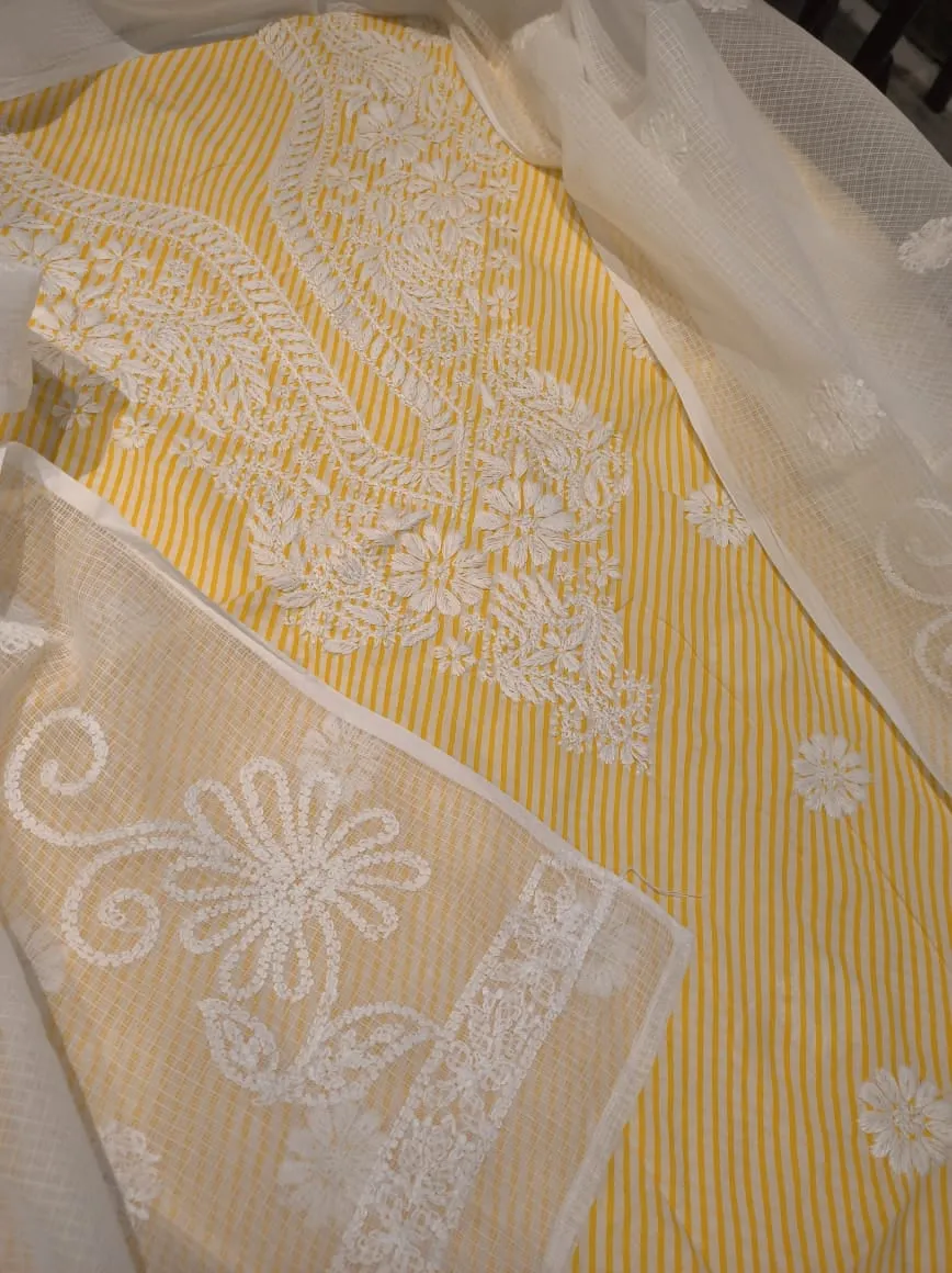 Elegant Yellow-White floral Chikankari Unstitched Salwar Suit Material