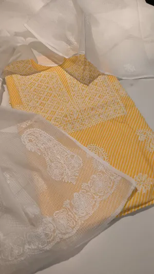 Elegant Yellow-White floral Chikankari Unstitched Salwar Suit Material