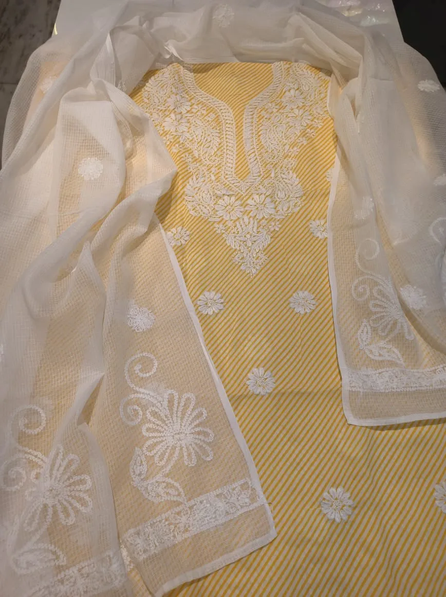 Elegant Yellow-White floral Chikankari Unstitched Salwar Suit Material