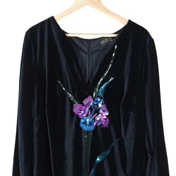 Eloquii Noir Dress 18 Black Velvet Floral Sequin Party Cocktail Vintage Inspired