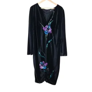 Eloquii Noir Dress 18 Black Velvet Floral Sequin Party Cocktail Vintage Inspired