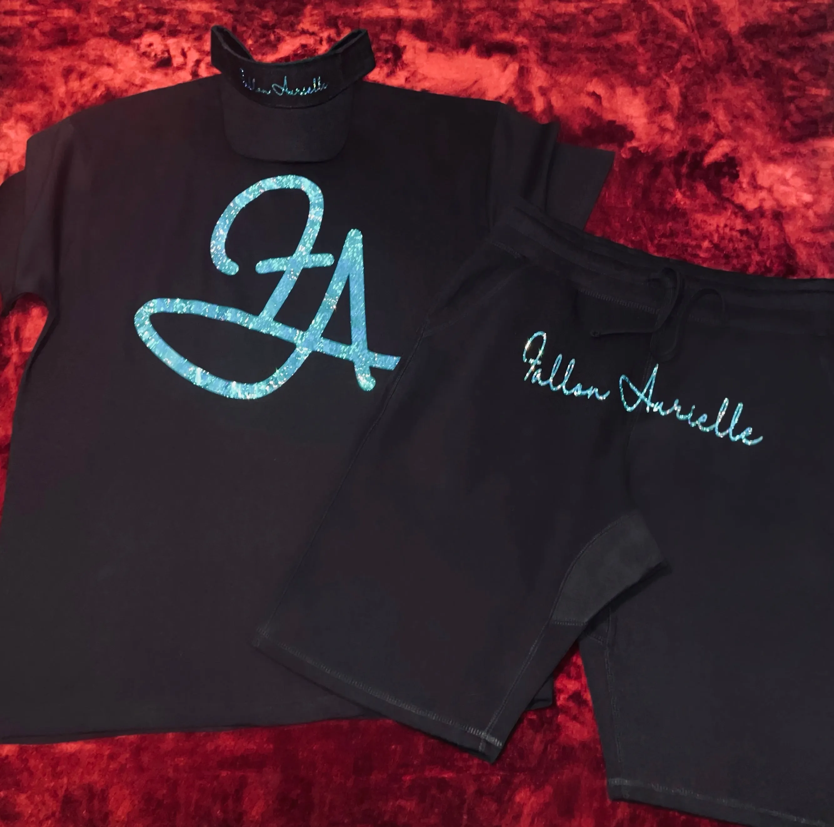 Fallon Aurielle & F.A. Visor Hat Unisex Signature 3 Piece Short Set (Black & Teal Sparkle)